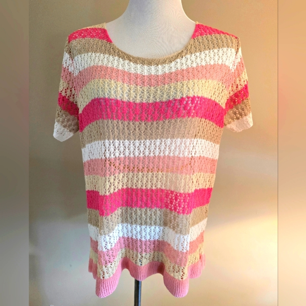 NEW BiBi Pink/Tan Crochet Short-Sleeved Shirt XL
